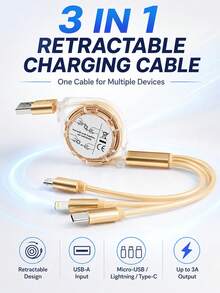 1pc 3-In-1 Retractable Charging Cable, 1.2m USB-A To Type-C/8-Pin/Micro USB, Up To 3A Silicone Multi Charger Cord For Phones, Tablets & Power Banks, Gold - Gold - View 1
