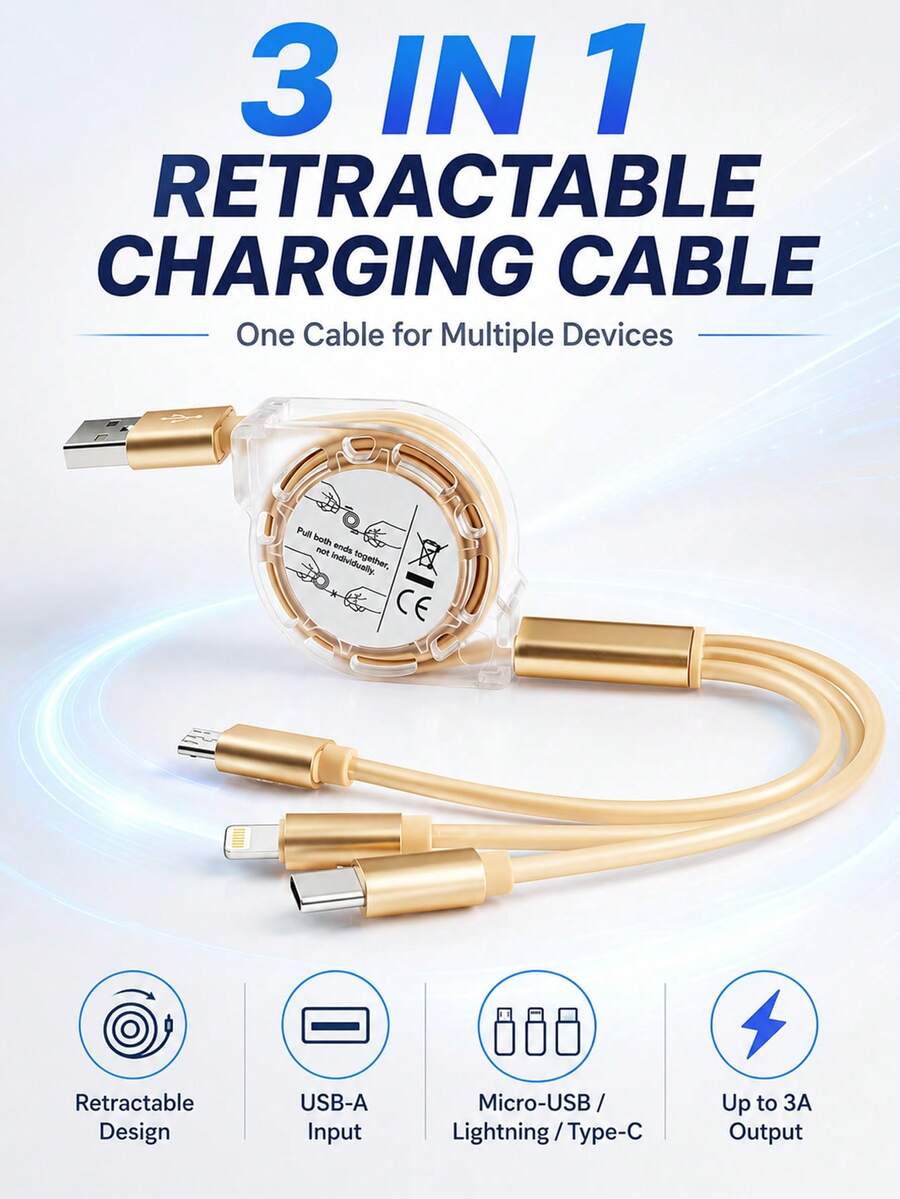 1pc 3-In-1 Retractable Charging Cable, 1.2m USB-A To Type-C/8-Pin/Micro USB, Up To 3A Silicone Multi Charger Cord For Phones, Tablets & Power Banks, Gold - Gold - View 1