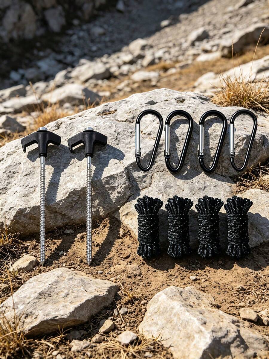 1 Set Heavy Duty Threaded Tent Stakes Kit, 2 Metal Threaded Tent Stakes With 4 Tent Guy Ropes And 4 D-Shaped Clips, Outdoor Camping Beach Awning Fixing Accessories - Multicolor - View 1