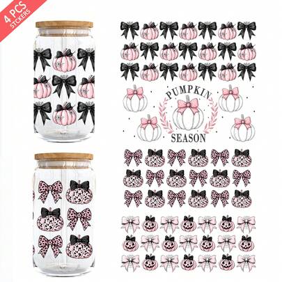 4 peças/Conjunto Envoltório UV DTF Halloween Ocidental (9,4x4,3 pol), Decalque de Copo de Vidro Fantasma Coquette Boo Haw Cowgirl, Transferência de Adesivo para Copo de 16oz para Decoração Assustadora Feminina