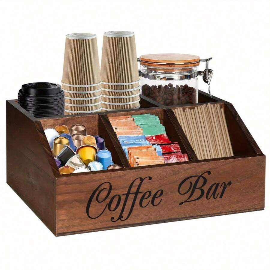 Rustic Wooden Coffee Station Organizer For Countertop - Multifunctional Brown Coffee Capsule Storage Basket With Drawer And Hooks, Suitable For Coffee, Tea And Accessories Decoration, Coffee Bar - Multicolor - View 1