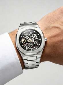Fashion Hollow Automatic Mechanical Men's Wristwatch, Asymmetrical Case, Casual Business Tourbillon Skeleton Dial, Silver Stainless Steel Band, Luminous Hands, Gift-Grade Watch - Silver - View 10