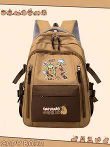 3pcs Cute Capybara Themed Backpack Set, Includes Tote Bag And Pencil Case, Durable Nylon Material, Multi-Pocket Design, Tablet Compartment, Suitable For Daily Commute And School - Multicolor - View 3