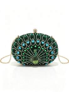 Luxury Peacock Rhinestone Evening Clutch, Oval Hard Frame Bag, Rhinestone Ball Lock Handle, Women's Fashion Handbag, Suitable For Weddings And Evening Events - Green - View 8