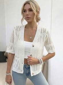 Solid Color Hollow Out Short Sleeve Front Button Up Cardigan, Casual Daily Wear Summer White - White - View 2