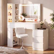 Devoko Vanity Table With LED Mirror, Dressing Table With 5 Drawers, 3 Illuminated Display Cabinets, Open Shelves, Bag Storage, Power Panel, And Selectable Chair Combination, White - 查看 2