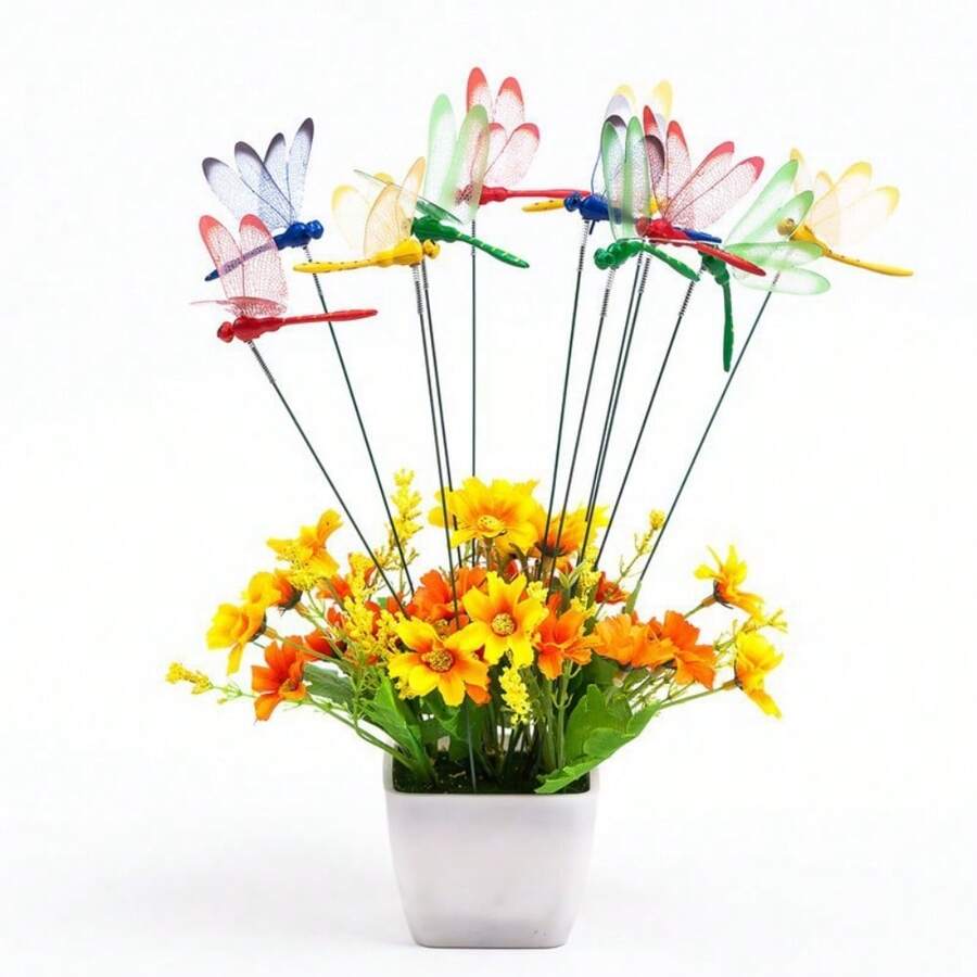 12pcs 3D Dragonfly Ground Stakes, PVC Waterproof Material, Multi-Color Vibrant Design, Can Be Inserted Into Garden Pots, Bouquets, Vases, Outdoor Garden, Patio Landscaping Decoration, Enriching Greenery Landscape Layers - A - View 1