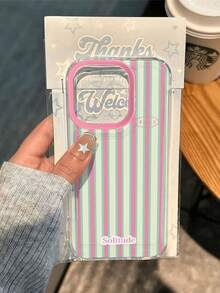 1pc Pink Green Vertical Stripe Solitude English Print Pink Large Window Transparent TPU Phone Case, Raised Camera Frame Full Coverage Shockproof Protective Shell, Compatible With All Apple Series, Fresh Dopamine Korean Ins Style - Clear - View 1
