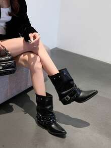 Rivet Buckle Ruched Stacked Western Mid-Calf Boots Plus Size Women's Pointed Toe Fashion Boots - Black - View 5