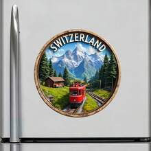 Swiss Red Mountain Train Passing Through Pine Forest And Snow Peaks Magnet, Winding Tracks Into Quiet Fairytale, Suitable For All Metal Surfaces In Your Home - B - View 3
