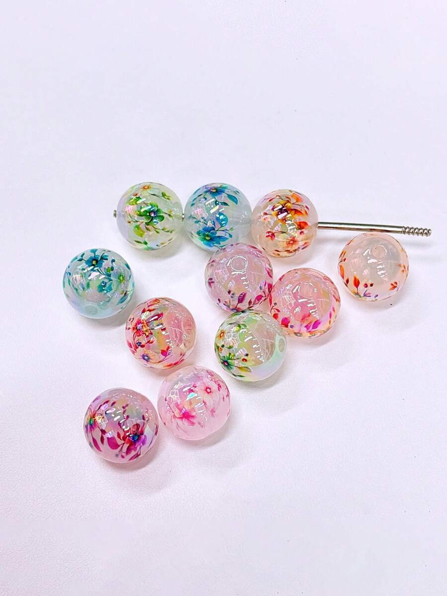 6pcs 16mm Jelly Faceted Printed Flower Beads Handmade DIY Beaded Pen Phone Chain Jewelry Accessories - Floral Beads - View 1