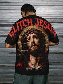 男士美式街頭風 Glitch 耶穌印花短袖哥德風深色寬鬆版型 T-shirt - 黑色 - 查看 1