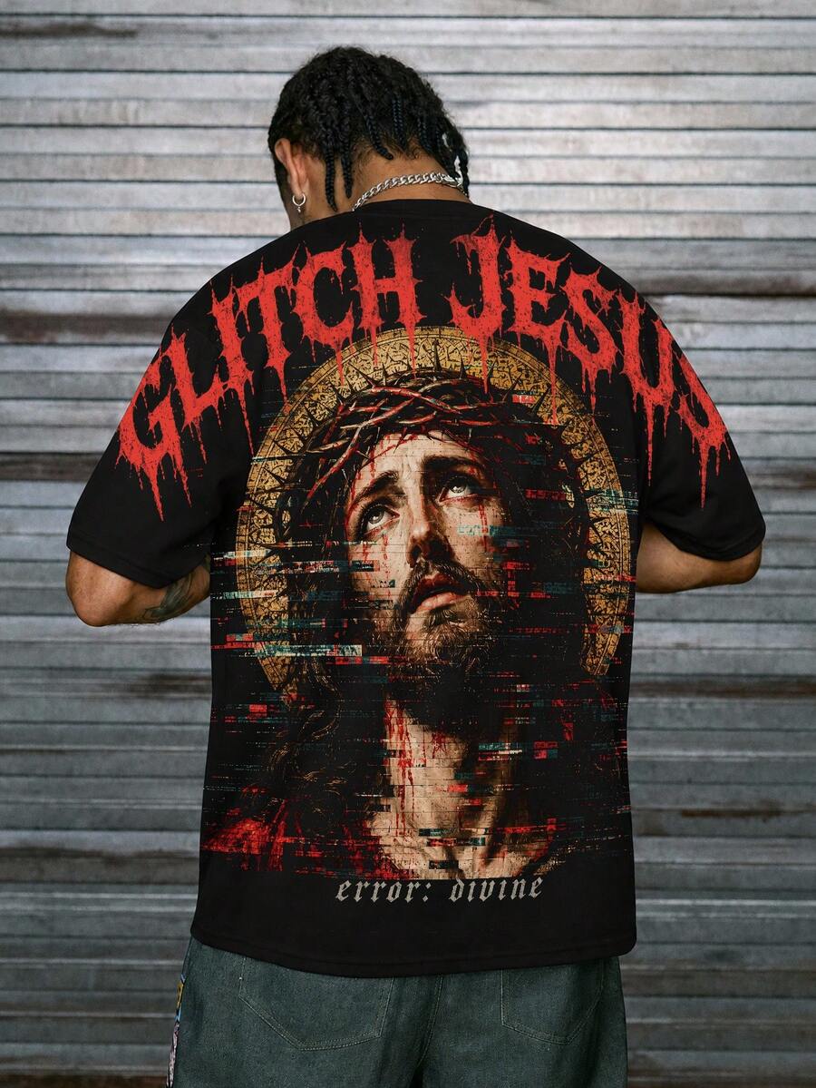 男士美式街頭風 Glitch 耶穌印花短袖哥德風深色寬鬆版型 T-shirt - 黑色 - 查看 1