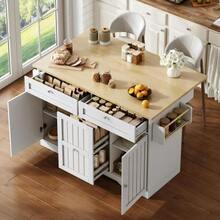 Mobile Kitchen Island With Foldable Countertop, Serving Cart And Storage Cabinet, With 2-Tier Vertical Drawers, 2 Large Drawers And Lockable Casters, 120 * 45 (70) * 92 Cm. - Natural+White - View 4