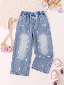Celana Jeans Denim Lurus Kasual Lucu untuk Anak Perempuan, Cocok untuk Semua Musim, dengan Bordir Hati dan Huruf, Saku Palsu, dan Potongan Lurus. - Biru - View 1