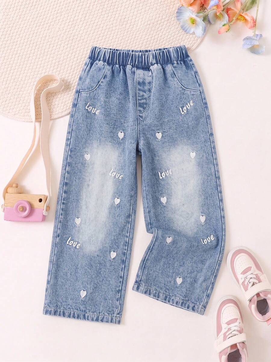 Celana Jeans Denim Lurus Kasual Lucu untuk Anak Perempuan, Cocok untuk Semua Musim, dengan Bordir Hati dan Huruf, Saku Palsu, dan Potongan Lurus. - Biru - View 1