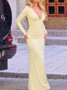 Women's Solid V-Neck Long Sleeve Ruched Side Slit Long Dress Sexy Elegant Slim Fit Evening Dress Party Prom Date Clothes - Yellow - View 3
