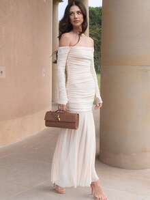Damenmode Off-Shoulder langärmliges figurbetontes Kleid, Herbst/Winter Mesh transparentes Kleid, elegantes apricotfarbenes Cocktailparty-Abendkleid, sexy Outfit - Aprikosenfarben - Übersicht 7
