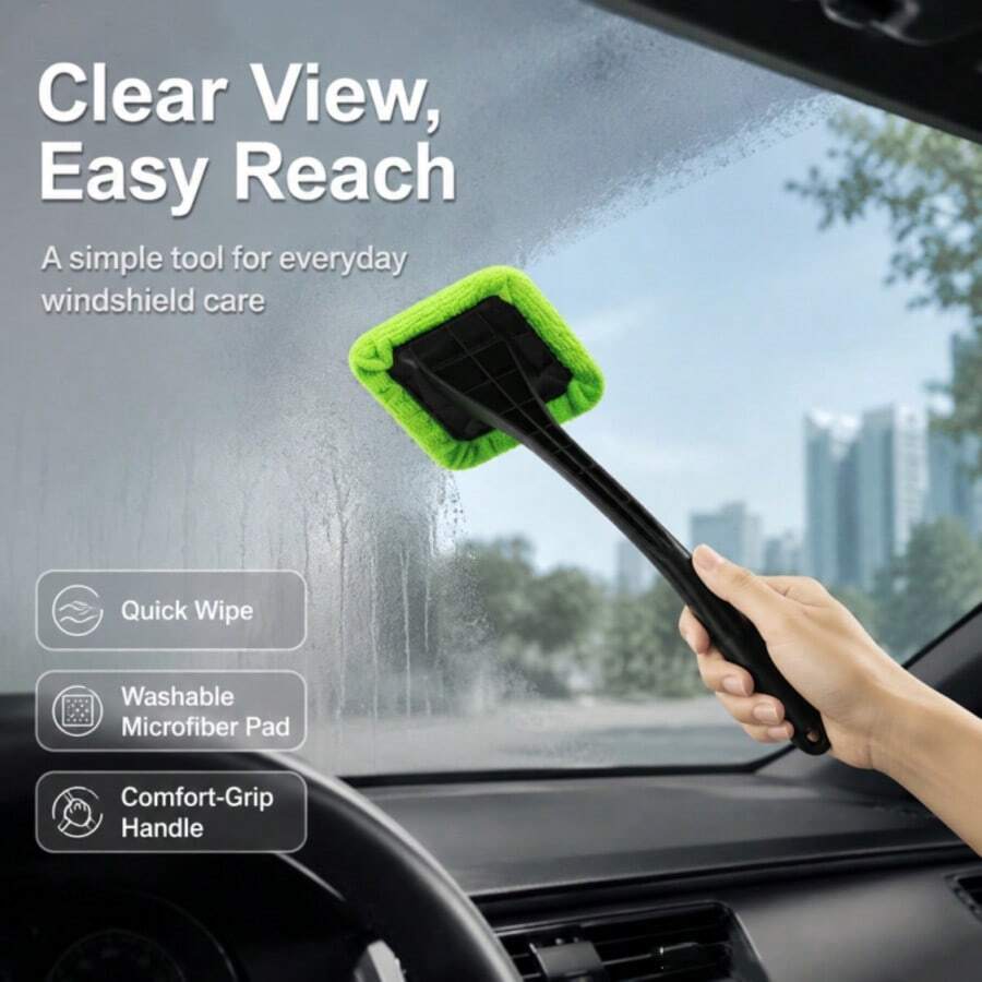 Universal Windshield Cleaning Brush With Detachable Microfiber Pad, Defogging Squeegee, Suitable For Windshield, Rearview Mirror, Car Window, Bathroom Glass And Home Corner Glass Cleaning Tool, Ergonomic Handle, Suitable For Drivers, Car Owners, Families And Commuters