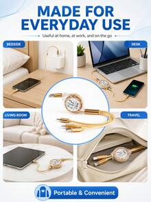 1pc 3-In-1 Retractable Charging Cable, 1.2m USB-A To Type-C/8-Pin/Micro USB, Up To 3A Silicone Multi Charger Cord For Phones, Tablets & Power Banks, Gold - Gold - View 3