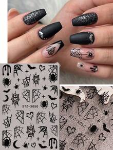 4pcs Black & White Gothic Heart Spider Web Bat Moon Fingertip Decorations, Halloween Day Of The Dead DIY Party Nail Art Stickers, Dark Gothic Aesthetic, Essential Accessories For Cosplay Gatherings - Multicolor - View 6
