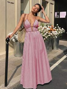 Elegant Sexy Women's Striped Halter Deep V-Neck Sleeveless Cinched Waist Ruched Back A-Line Maxi Dress, Spring/Summer Beach Vacation Party Long Dress - Burgundy - View 10