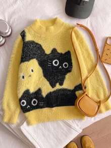 Girls Cute Cat Pattern Faux Mink Fur Knit Pullover Sweater Suitable For Daily Casual Wear Spring Autumn Winter - Yellow - View 1