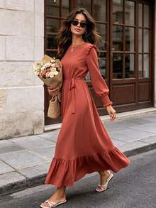 Joyfunear Women's Solid Color Round Neck Long Sleeve Ruffle Hem Dress - Coral Orange - View 2