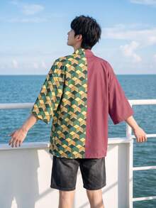 时尚百搭男士休闲和服开衫衬衫 - 几何数码印花，前开襟设计，轻盈涤纶面料，四季皆宜，动漫迷的理想之选，透气外套，涤纶和服，角色扮演 - 玫紅色 - 查看 6