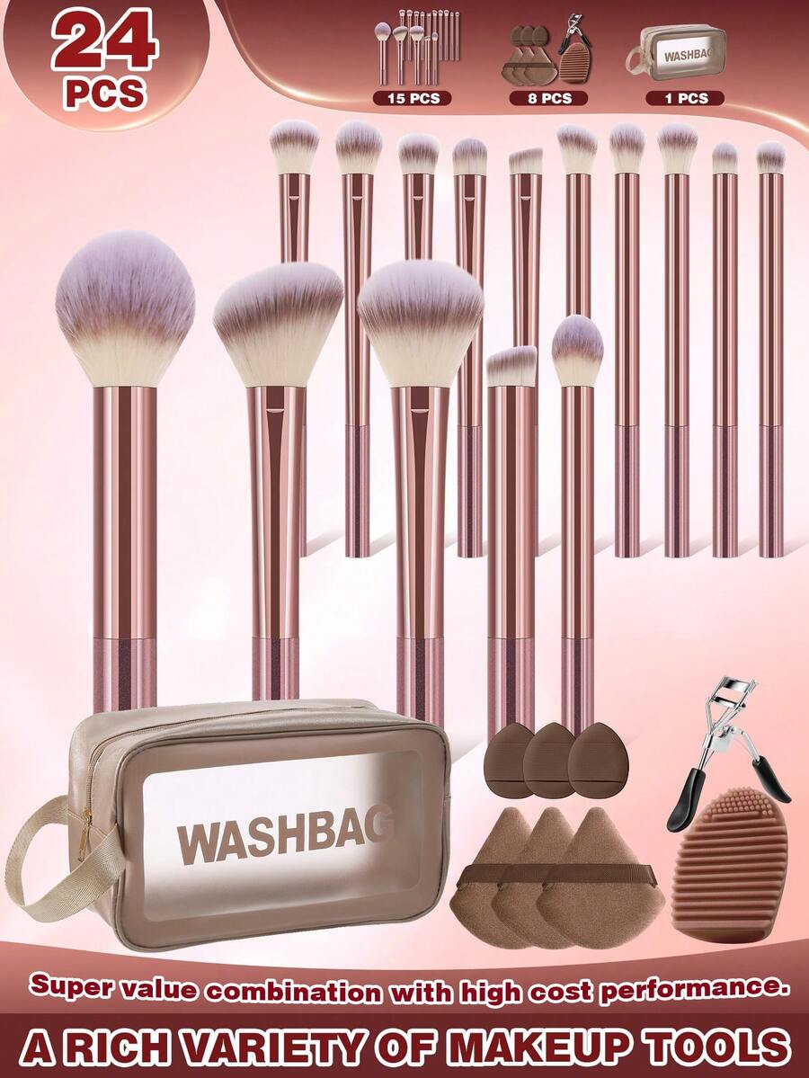 Set de 24 piezas de herramientas de maquillaje todo en uno color café y oro rosa, 15 piezas de brochas de maquillaje para rostro y ojos, almohadillas de esponja para el pulgar, borlas de polvo de terciopelo triangular, rizador de pestañas, limpiador de brochas de silicona y bolsa de lavado cosmética impermeable, kit de belleza portátil de viaje para principiantes de maquillaje - Multicolor - Ver 1