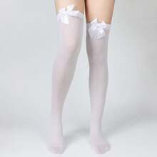 Women Velvet Long Thigh High Stockings Adorned With White Bows, Tear Resistant Anti-Snag Over-The-Knee Socks For Cosplay Daily Outfit Matching - 1pair - View 4