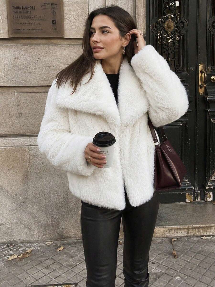 Faux Fur Fluffy Warm Long Sleeve Autumn/Winter Jacket - White - View 1