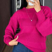 suéter de tricô de listras  Tricô de malha    blusa de tricô  outono ,inverno - Pink - Visão 3