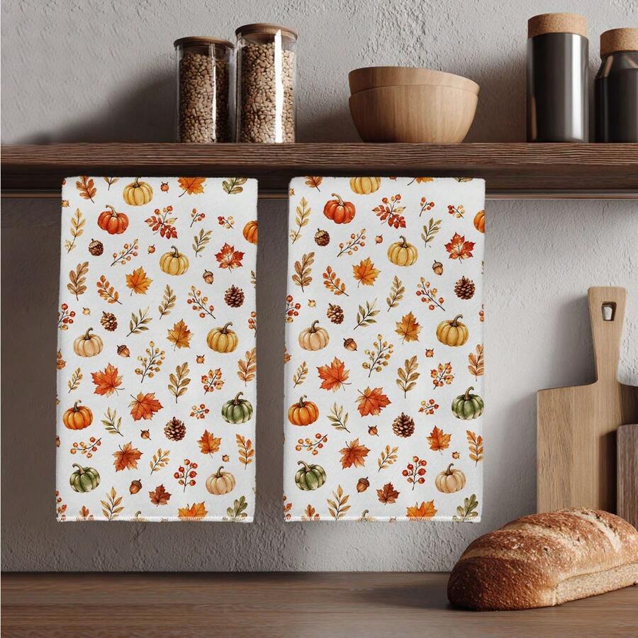 2pcs Autumn Pumpkin Seamless Pattern Kitchen Towels, Rectangular Microfiber Kitchen Towels, Dish Cloths, Scrubbers, Hand Towels, Cooking Baking Tea Towels, Kitchen Decor, Housewarming Gift, Birthday Gift, Bathroom Cleaning Cloths, Decorative Towels - Orange - View 1