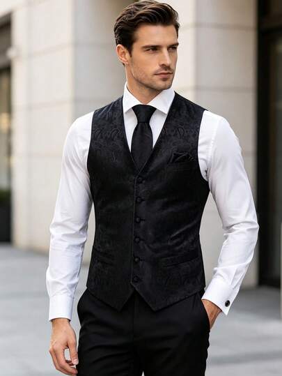 Plus Size 4Pcs Men Black Paisley Jacquard Waistcoat Set Necktie Pocket Square Cufflinks Formal Outfit