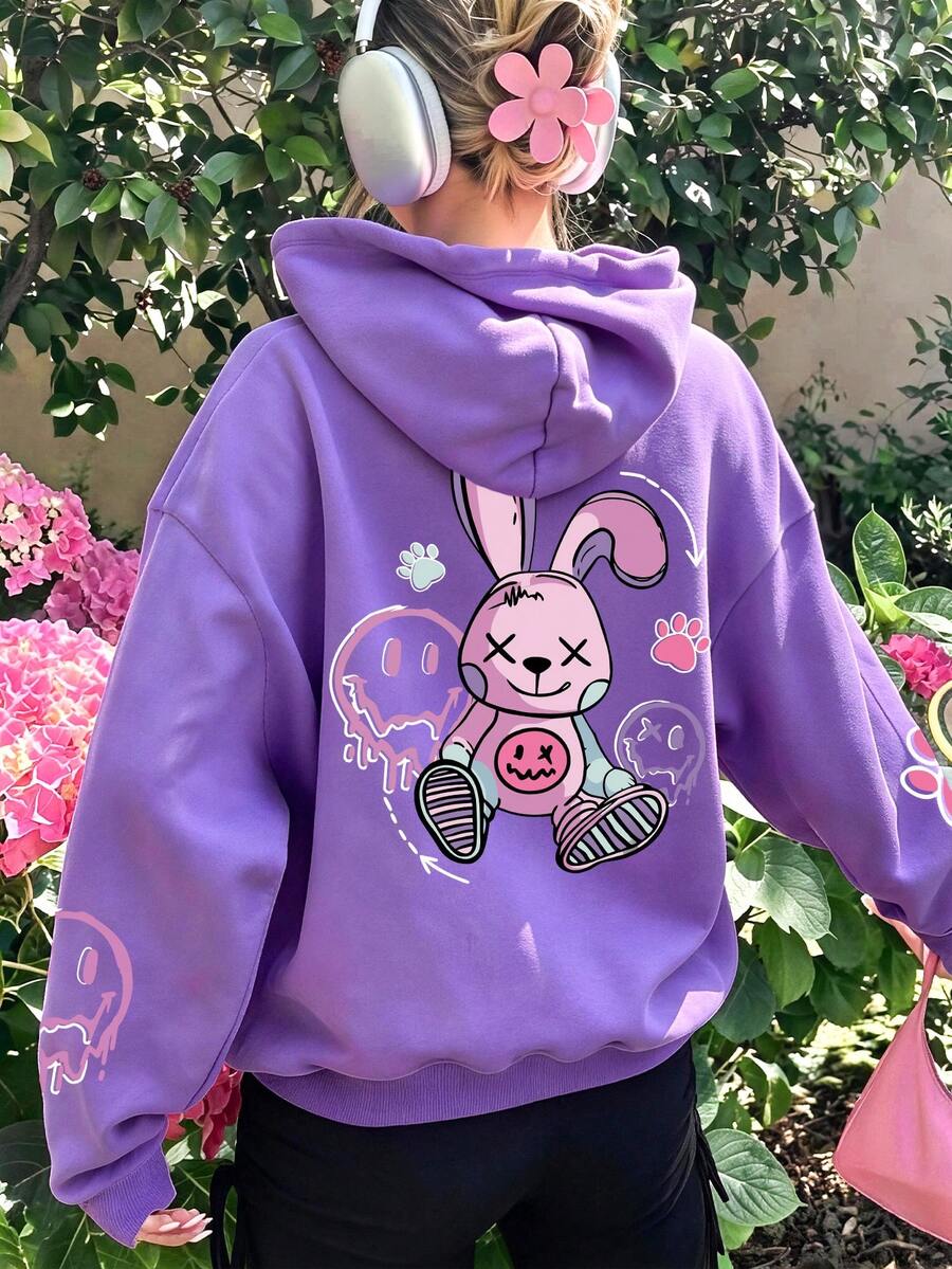 Sweet Rabbit Cartoon Pattern Back Print Sweatshirt, Suitable For Spring, Autumn And Winter, Suitable For Teenage Girls - Purple - View 1