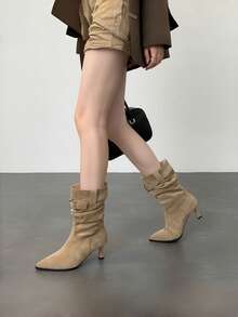 Buckle Ruched Mid-Calf Boots Plus Size Women's Vintage Pointed Toe Stiletto Heel Fashion Boots - Khaki - View 1