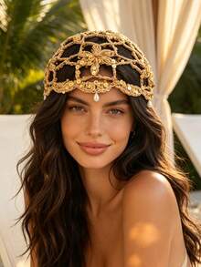 1 Stück Boho Häkel-Netz-Kopfkappe mit Pailletten-Perlen-Quasten, Damen gestrickte Blumen-Haarabdeckung, Vintage Bohemian Strandurlaub elegantes Haaraccessoire - Verschiedenfarbig - Übersicht 1