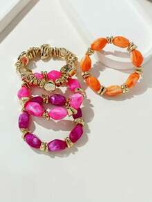 4件組時尚復古誇張波希米亞風厚款多層多色壓克力珠飾手鍊，金色碎石風格，女款 - 彩色 - 查看 3