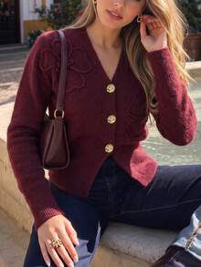 Women's Burgundy V-Neck Long Sleeve Sweater With Gold Buttons, Fashionable Autumn Cardigan, Regular Fit - Burgundy - View 1