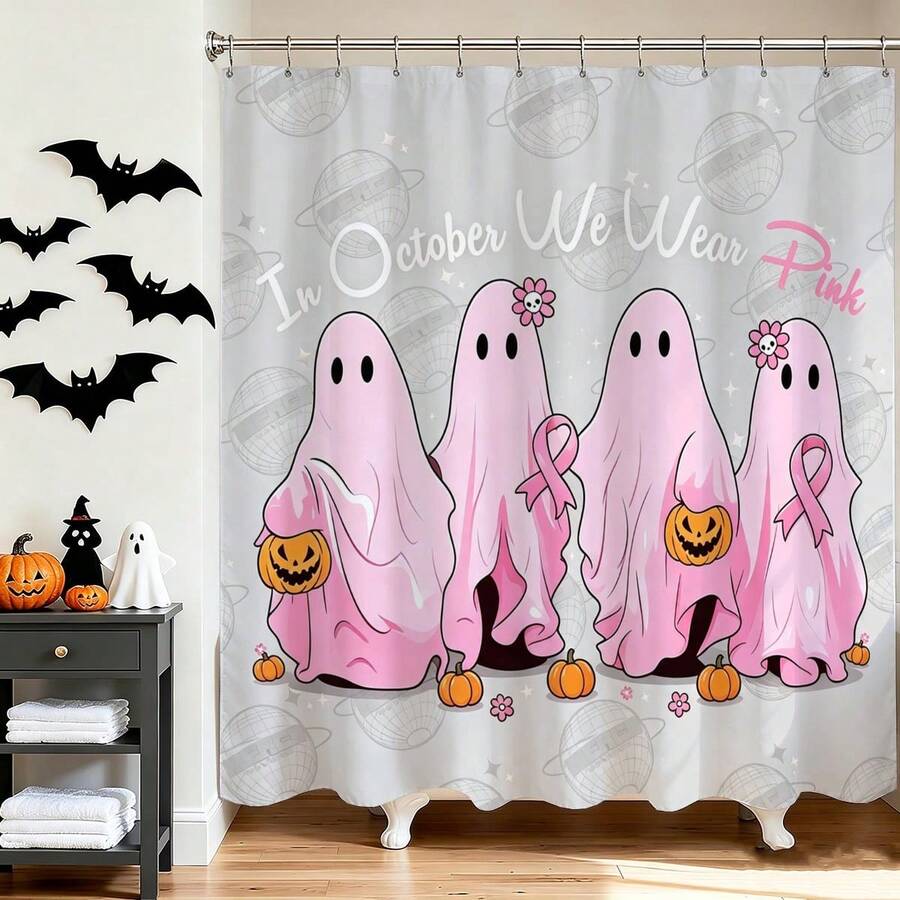 1pc Light Pink Ghost Halloween Shower Curtain - Suitable For Bathroom Decor, Bathroom Curtain - Easy To Clean, Exquisite Home Decor, Bathroom Partition Curtain, Decorative Shower Curtain, Bathroom Accessories Home Decor Gift - Includes 12 Hooks - Multicolor - View 1