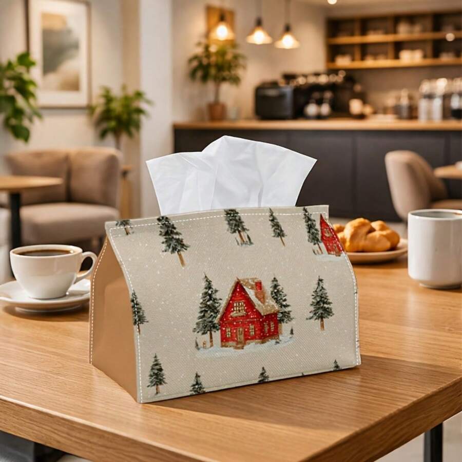 1pc Multifunctional Tissue Box, Winter Landscape Design - Red Barn Snow Scene Durable Polyester Storage Organizer, Suitable For Christmas Home Decor, Living Room, Bedroom, Kitchen, Home Decoration, Party Supplies - Multicolor - View 1
