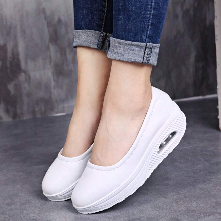 Women's Cushioned Thick Sole Wedge Rocker Work Shoes, Simple Pure White Design, Soft Breathable Medical Nursing Duty Shoes - White - View 1