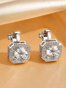 rakol 2pcs Silver Square Fashion Minimalist Cubic Zirconia Women's Decorative Ear Clips Earrings Gift - Silver - View 2