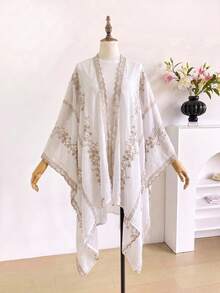 1件優雅花卉刺繡開襟和服式圍裙，波希米亞風春夏海灘罩衫，防曬裝飾刺繡女款開襟衫，適合日常穿著，完美禮物選擇 - 白色 - 查看 2