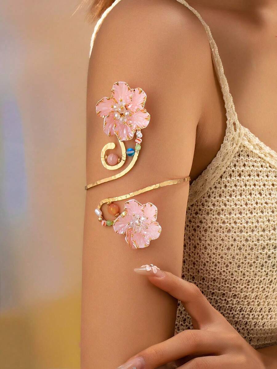 1件裝粉色花朵上臂開口式袖箍,精緻花卉串珠手臂飾品,女性女孩禮物 - 彩色 - 查看 1