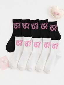 1/5/10 Pairs Women's New Cartoon Viral Number 67 Mid-Calf Socks, Cute Sweet Bowknot, Solid Color Casual Versatile, Suitable For All Seasons - Multicolor - View 2