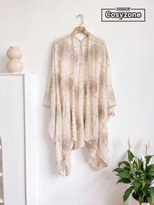 1pc Elegant Floral Embroidered Split Kimono/Sarong Shawl For Women, Bohemian Style Spring/Summer Beach Vacation Sun Protection Cover-Up, Decorative Embroidered Cardigan, Suitable For Daily Wear, Perfect Gift Choice - Beige - View 1