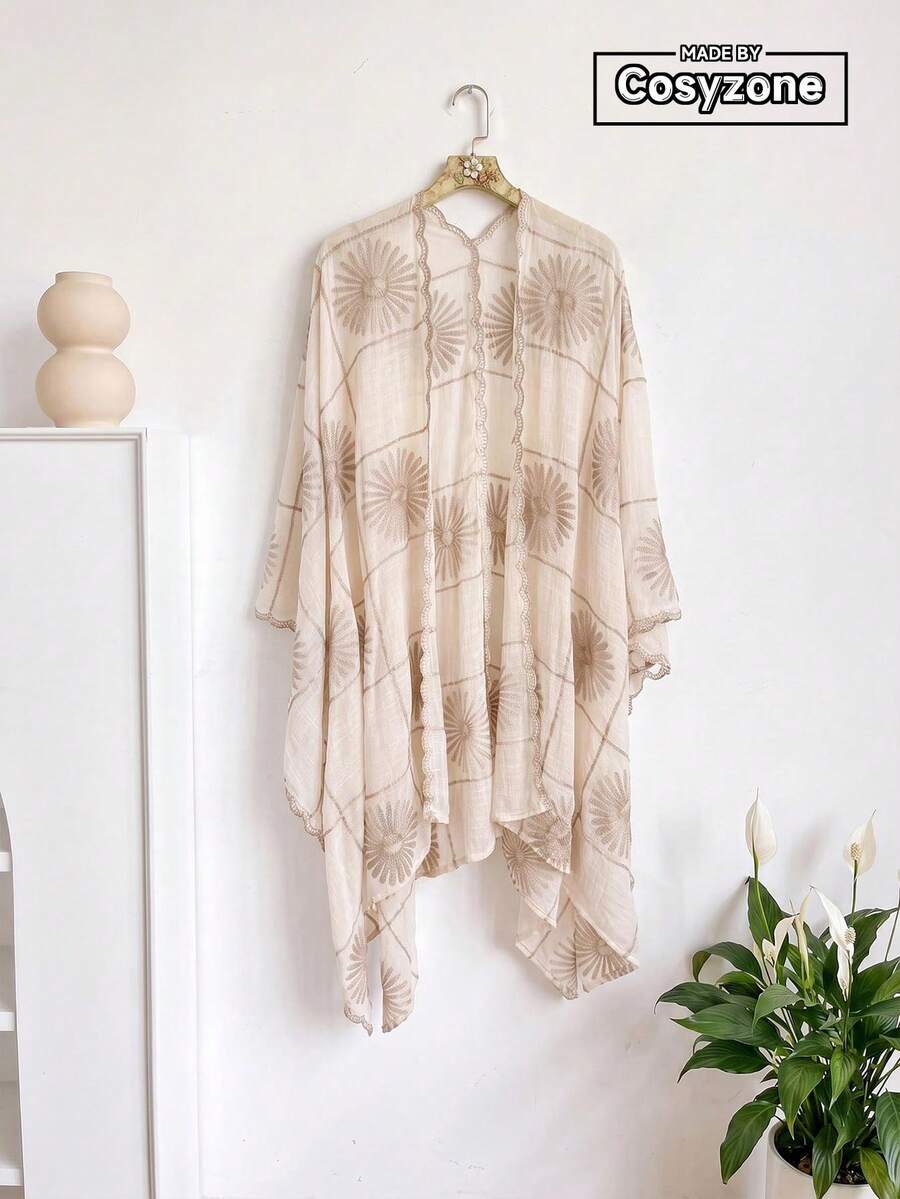 1pc Elegant Floral Embroidered Split Kimono/Sarong Shawl For Women, Bohemian Style Spring/Summer Beach Vacation Sun Protection Cover-Up, Decorative Embroidered Cardigan, Suitable For Daily Wear, Perfect Gift Choice - Beige - View 1