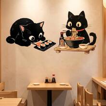 5/2/1pc Japanese Cartoon Black Cat Sushi Ramen Wall Stickers, Colorful Self Adhesive PVC Removable Wall Decals, Kitchen Dining Room Restaurant Cute Aesthetic Home Wall Decor Stickers - Gluttonous Cat - View 2